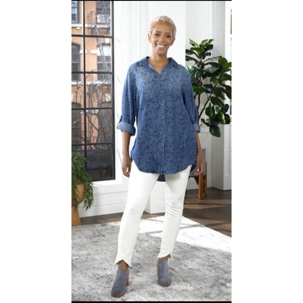 Side Stitch Button Front Tunic Roll Tab Sleeve Si… - image 1